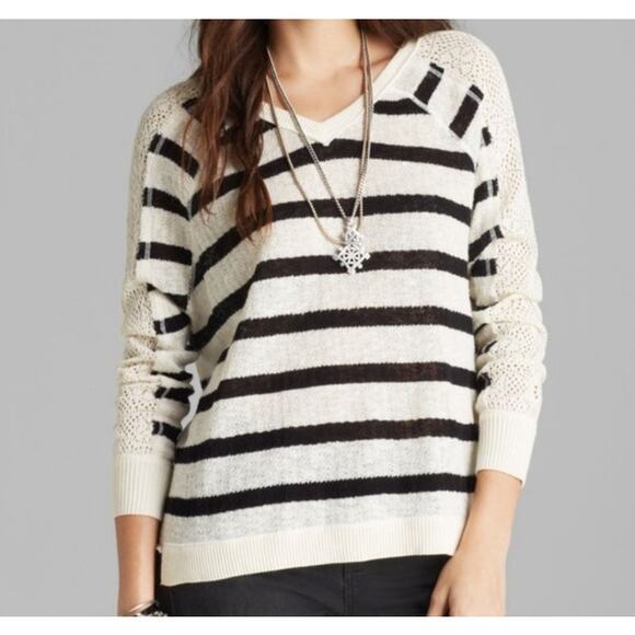 We‎ the Free V Neck Gauzy Crochet Fluffy Lou Striped Sweater Cotton Knit XS Top - Picture 1 of 9